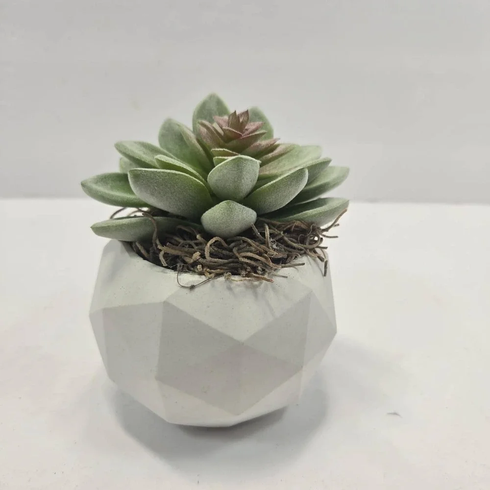 Handmade Faux Succulent Arrangement in White Geometric Planter Modern Decor